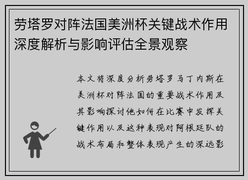 劳塔罗对阵法国美洲杯关键战术作用深度解析与影响评估全景观察