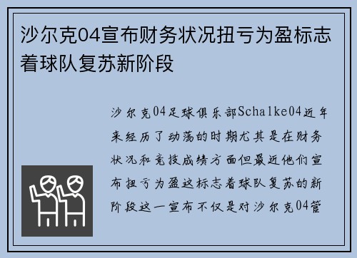 沙尔克04宣布财务状况扭亏为盈标志着球队复苏新阶段